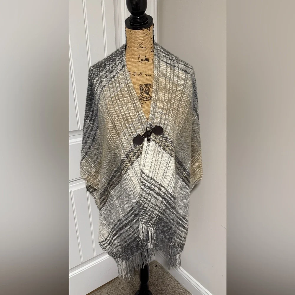 Houndstooth Plaid Women's Sweater Poncho Wrap One Size - Picture 1 of 4